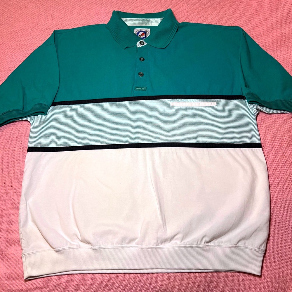 Vintage Greenline International Mens Teal Striped‎ Colorblock Polo Shirt Large